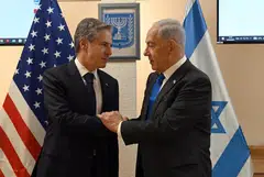 US Secretary of State Antony Blinken (left) with Israeli Prime Minister Benjamin Netanyahu (right) during a meeting in Tel Aviv, Israel, Oct 12, 2023. 