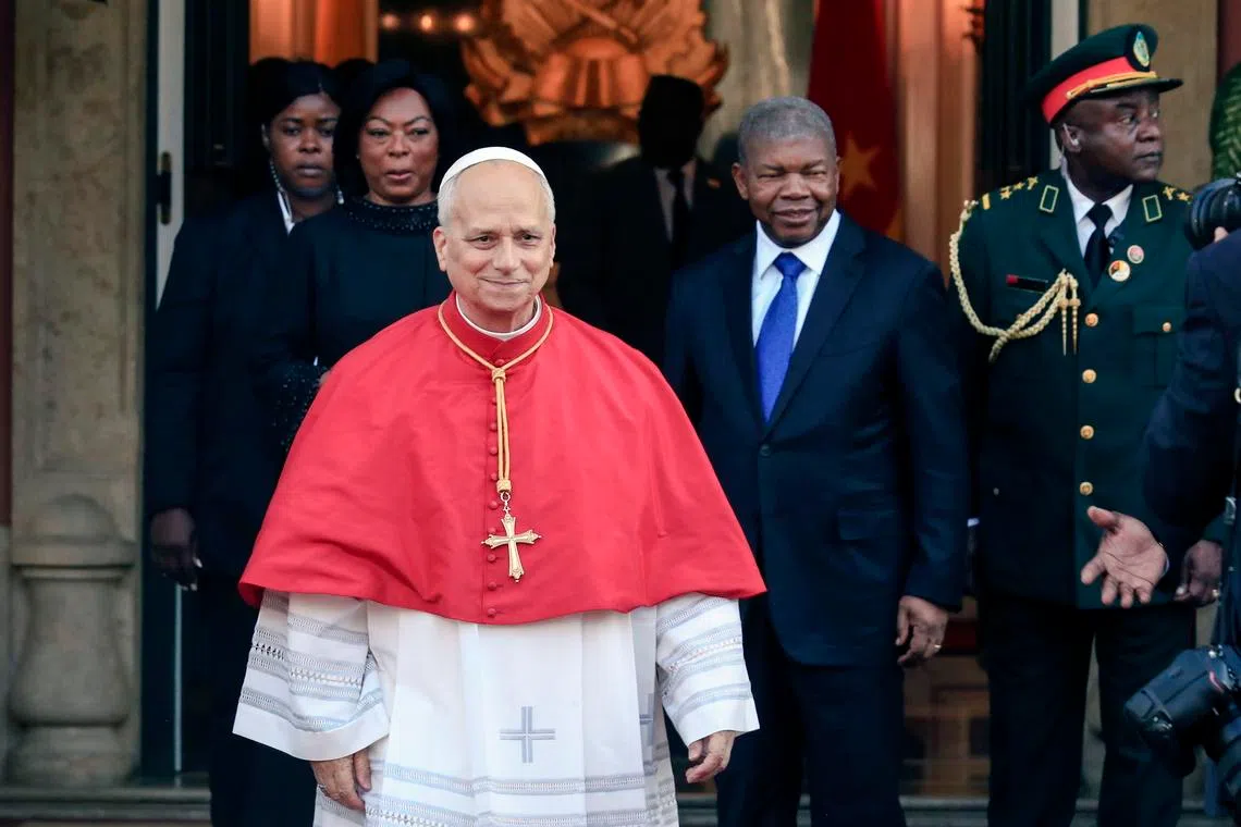 Pope Leo welcomed by Angolan President Joao Lourenco (second from right) at the presidential palace in Angola on Apr 18.