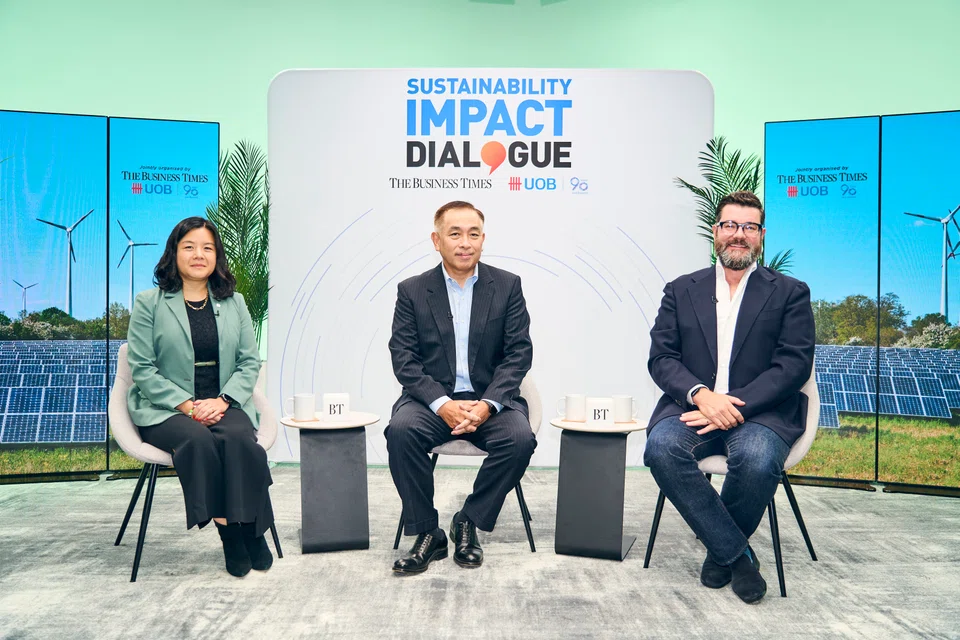 From left: Melissa Moi, head of sustainable business at UOB and panel moderator; Yoon Young Kim, cluster president for Singapore and Brunei at Schneider Electric; and Nat Bullard, co-founder and chief strategy officer of Halcyon.