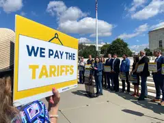 US Senator Maria Cantwell and small business owners hold a news conference to discuss the impact of tariffs on businesses, outside the Supreme Court in Washington, DC, Sep 18, 2025. 
