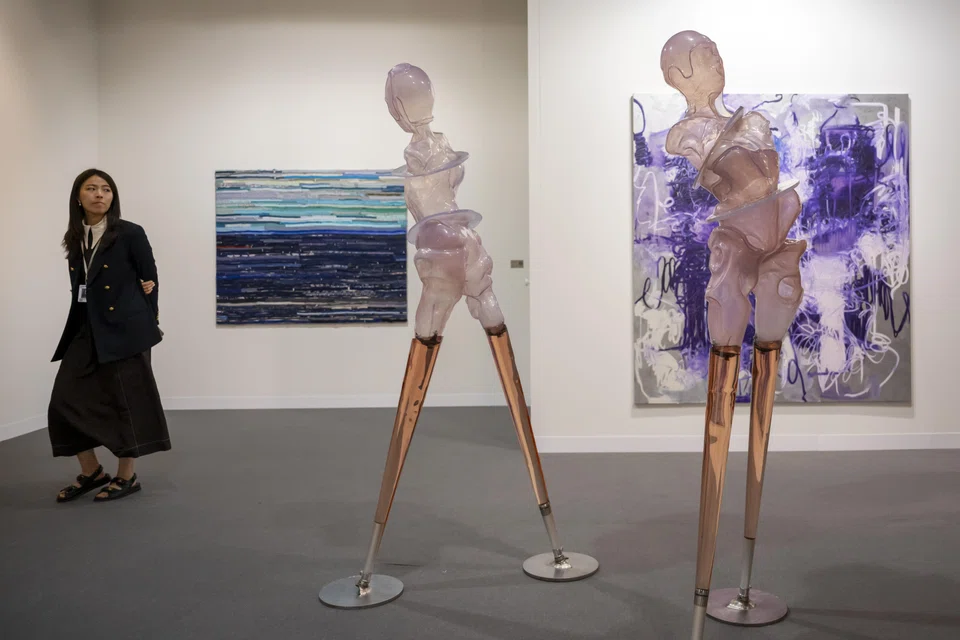 The artwork 'Hortensia' (left) and 'Donaji' (right) by Mexican artist Berenice Olmedo is on display at the international art show Art Basel.