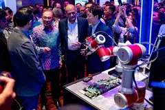 Malaysia Prime Minister Anwar Ibrahim (second from left) and Minister of Digital Gobind Singh Deo (third from left) at the launch of the National Artificial Intelligence Office, in Kuala Lumpur.