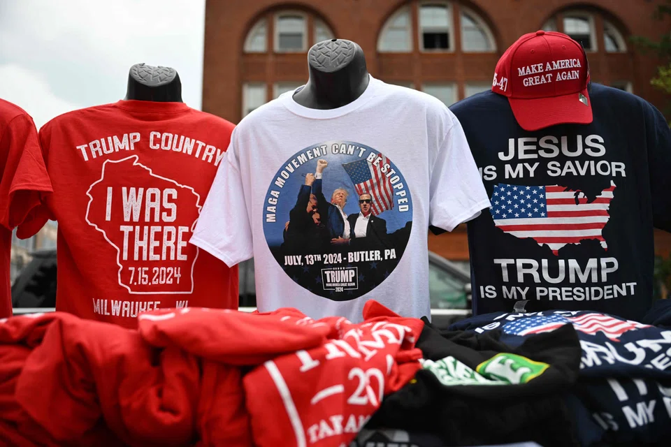 Merchandise supporting former US President and Republican presidential candidate Donald Trump on display during the second day of the 2024 Republican National Convention at the Fiserv Forum in Milwaukee, Wisconsin, July 16, 2024.