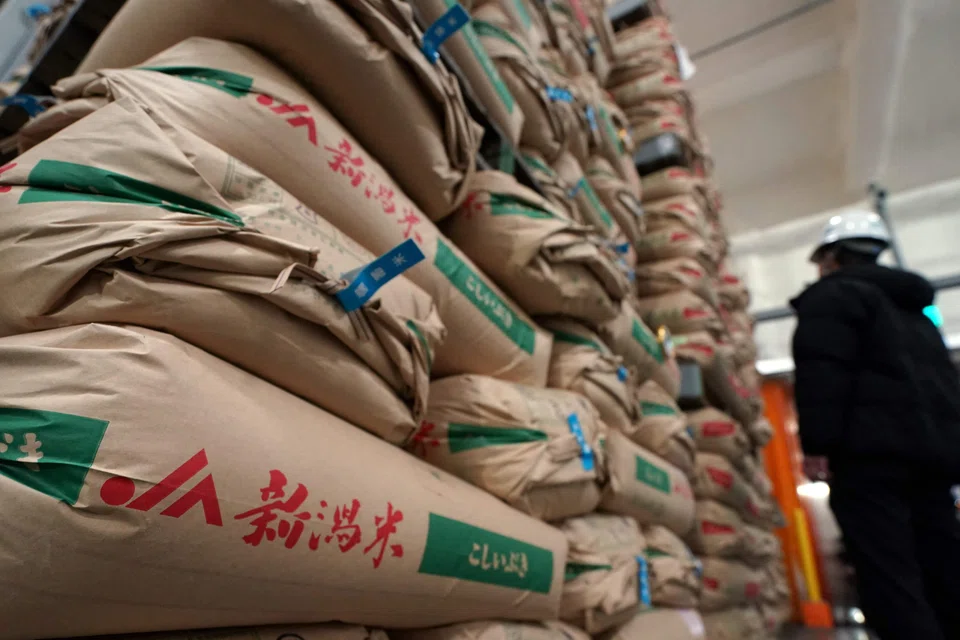 Government stockpiled rice in a warehouse in Kanagawa prefecture, Japan, March 7, 2025. The Japanese government has been releasing some of its stockpiled rice since March but that has yet to translate to lower supermarket prices.