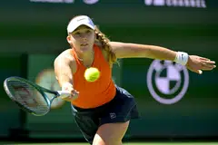 Mirra Andreeva hits a shot in the final as she defeated Aryna Sabalenka in the BNP Paribas Open in Indian Wells last weekend.