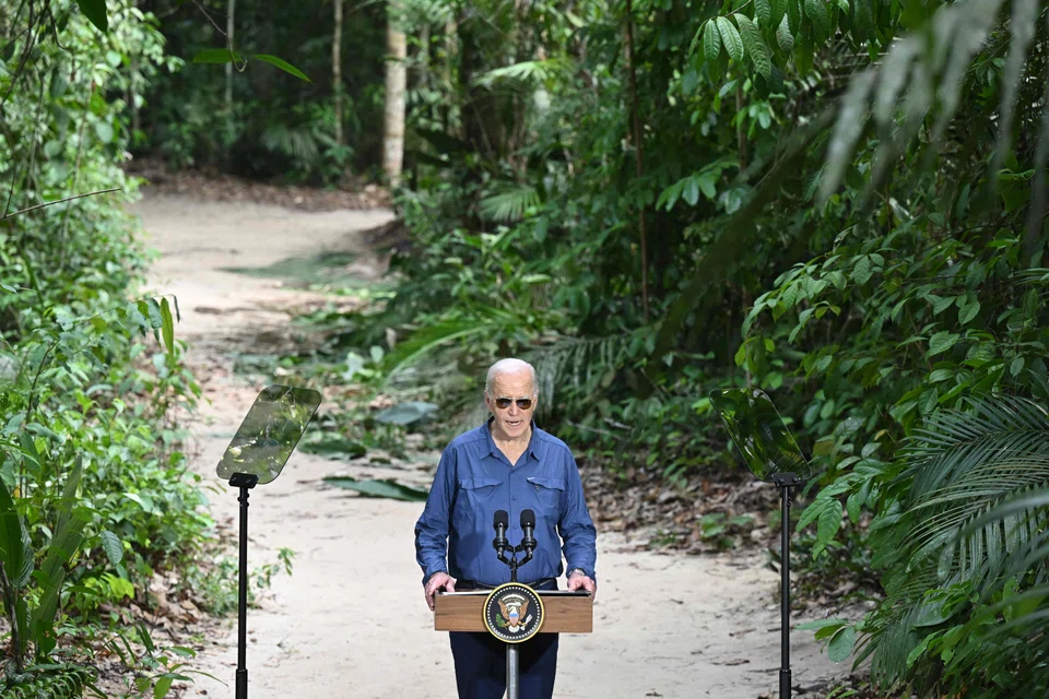 US President Joe Biden speaks after signing a proclamation designating November 17 as International Conservation Day during a tour of the Museu da Amazonia as he visits the Amazon Rainforest in Manaus, Brazil, Nov 17, 2024.