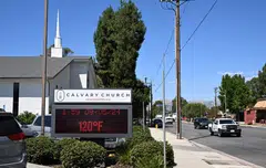 The thermometer screen at the Cavalry Church displays a temperature reading of 120 degrees on Sep 5, 2024 in Woodland Hills, California. It is also known as the neighbourhood with the most brutal weather in all of Los Angeles during heat waves.