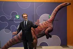 Attilio Fontana, head of the Lombardy region, presenting the discovery of thousands of dinosaur tracks  found in Italy's Stelvio National Park.