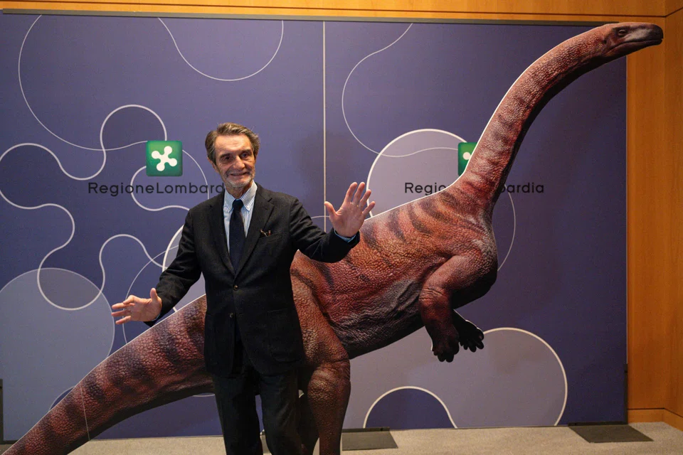 Attilio Fontana, head of the Lombardy region, presenting the discovery of thousands of dinosaur tracks  found in Italy's Stelvio National Park.