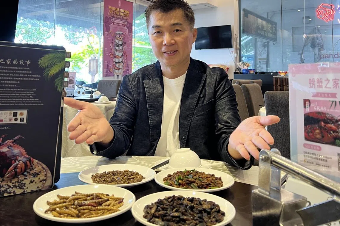 House of Seafood’s Francis Ng with plates of toasted insects. He will roll out 30 dishes featuring insects at its Punggol outlet once SFA approval is granted.