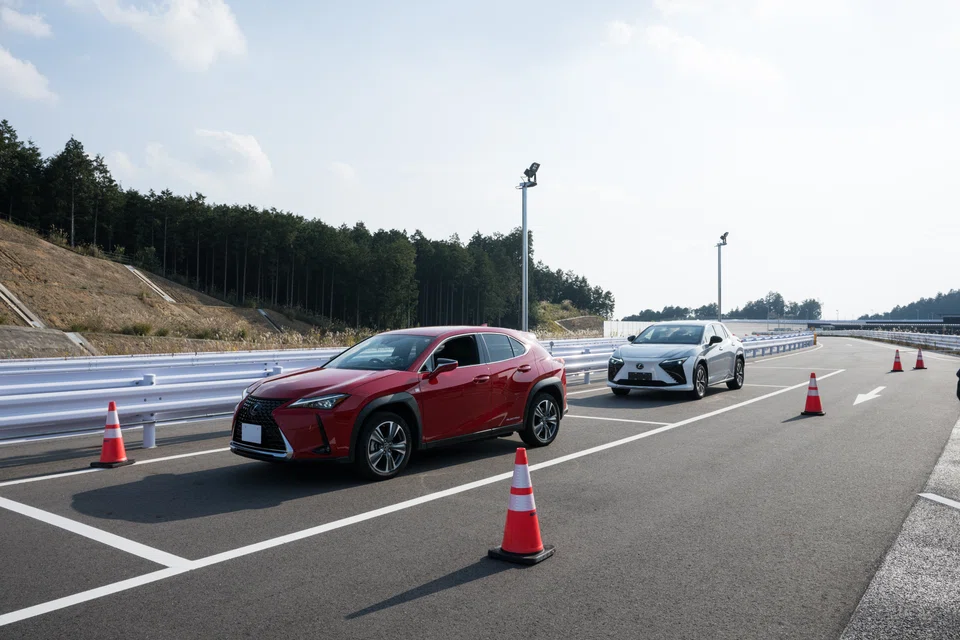 A Lexus UX 300e Manual BEV prototype (left) with a Lexus RZ BEV on-demand prototype.