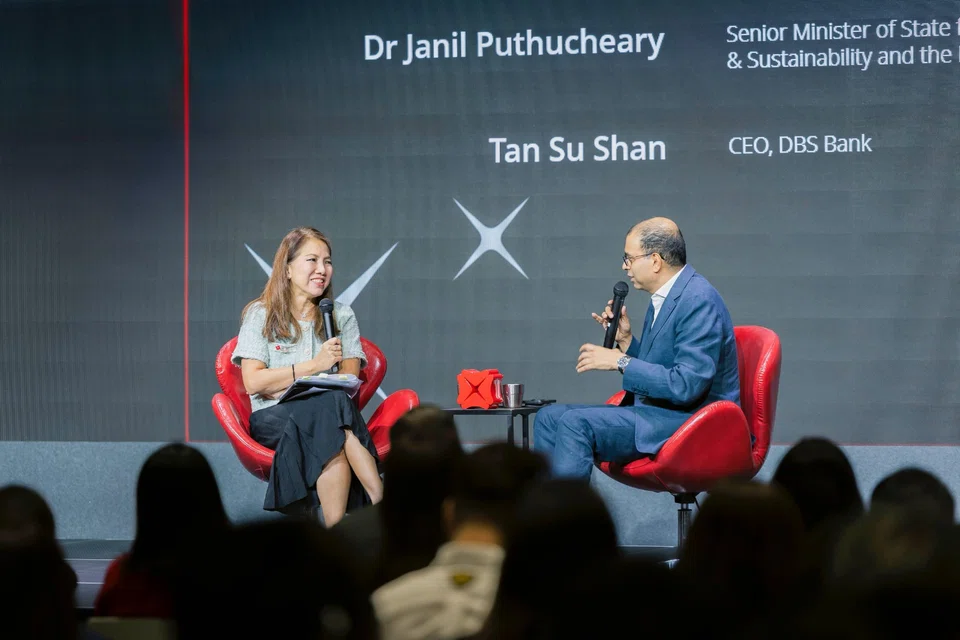 Janil Puthucheary, Senior Minister of State for Sustainability and the Environment (right), speaking at the DBS Regenerative Festival in a fireside chat moderated by the bank’s CEO Tan Su Shan.