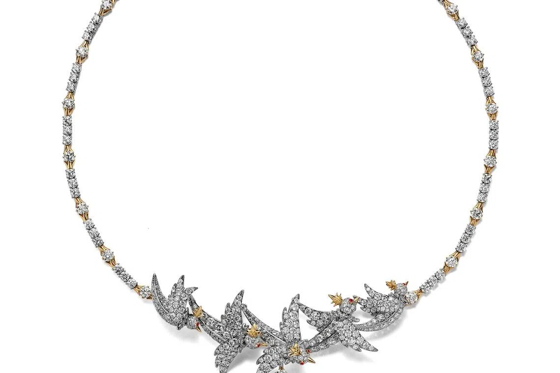 Bird on a Rock by Tiffany high jewellery necklace in platinum and yellow gold with tanzanite, diamonds and rubies.