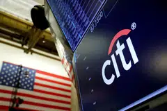 The logo for Citibank is seen on the trading floor at the New York Stock Exchange in Manhattan, New York City.