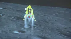 India's Chandrayaan-3 spacecraft seconds before its successful lunar landing on the south pole of the Moon on Aug 23, 2023.