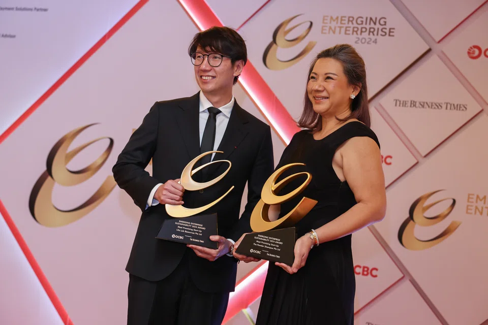 Winners of the Most Promising Sustainability Startup Awards: Life Lab Resources, Edward Chia, managing director, and The Powder Shampoo, Jlynn Chen, founder & CEO. 