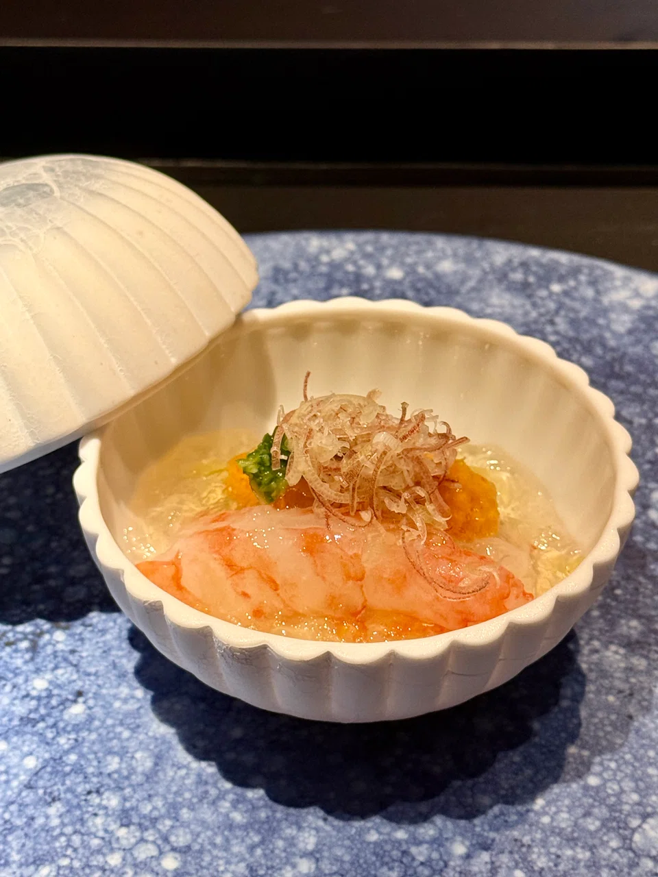Botan ebi in dashi jelly with uni.