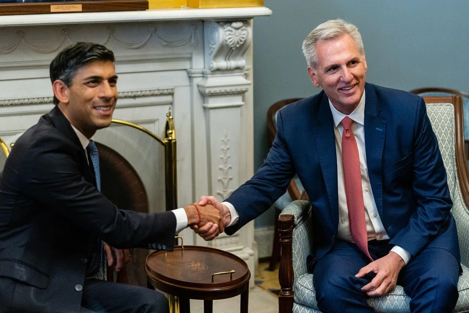 UK prime minister Rishi Sunak, left, meets US House Speaker Kevin McCarthy at the US Capitol in Washington, DC, June 7, 2023. Britain will host the world’s first summit on artificial intelligence later this year, Sunak announced. 