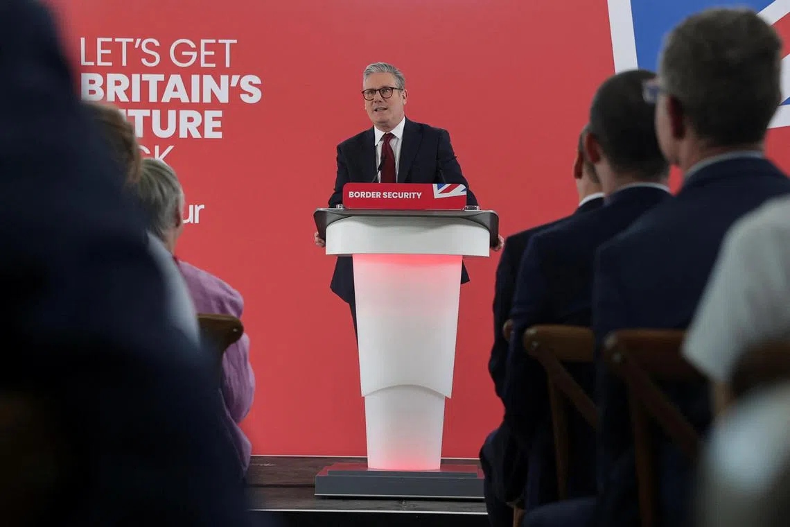 Britain's opposition Labour Party leader Keir Starmer speaking at an event in Deal, England, on tackling small boat crossings, May 10, 2024. The upcoming general election is Starmer's to lose. 