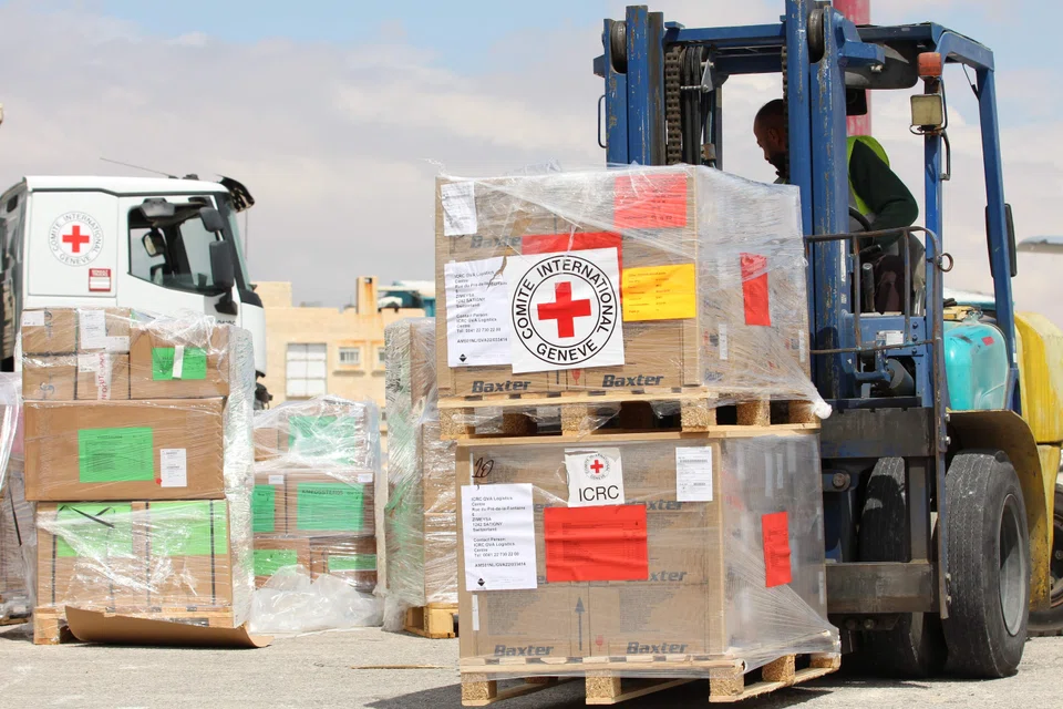 Boxes of humanitarian aid from the ICRC, bound for Sudan, where deadly clashes between rival generals' forces broke out in mid-April.