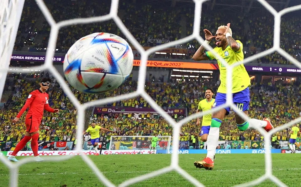 Brazil's Neymar celebrates after scoring a penalty against South Korea at Stadium 974, Doha, Qatar, Dec 6, 2022.      