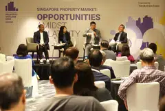The panel at BT's Property Outlook 2023 (left to right): PropNex Realty chief executive Ismail Gafoor; Qian Wenlan, professor of finance and real estate and Ng Teng Fong chair professor in real estate at NUS Business School; Edmund Tie chief executive Desmond Sim; and BT senior property correspondent Leslie Yee. 