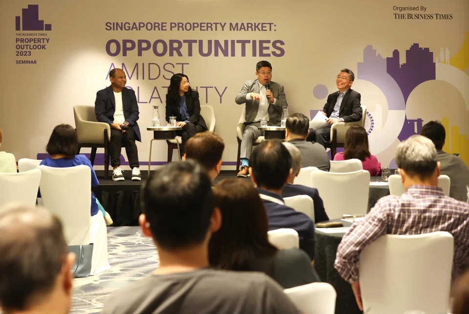 The panel at BT's Property Outlook 2023 (left to right): PropNex Realty chief executive Ismail Gafoor; Qian Wenlan, professor of finance and real estate and Ng Teng Fong chair professor in real estate at NUS Business School; Edmund Tie chief executive Desmond Sim; and BT senior property correspondent Leslie Yee. 