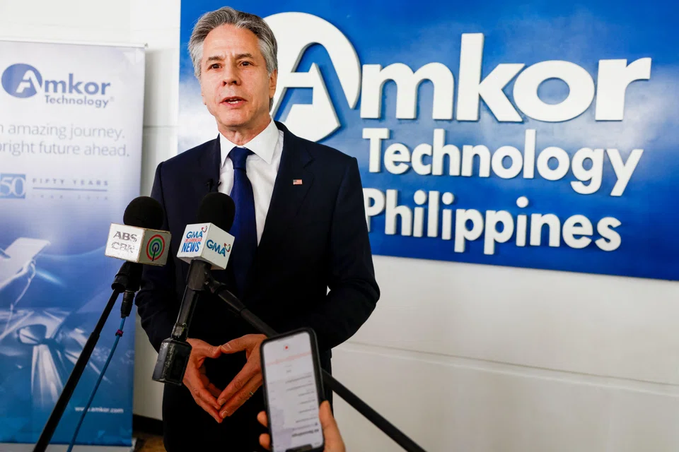 US Secretary of State Antony Blinken speaks to the media as he tours Amkor Technology in Manila, Philippines, March 19, 2024. Blinken’s visit to Manila - his second since Marcos took office in June 2022 - is part of a brief Asia tour that also included South Korea.