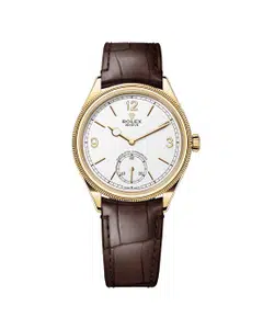 The Perpetual 1908 in 18-karat yellow gold with an intense white dial and alligator leather strap.