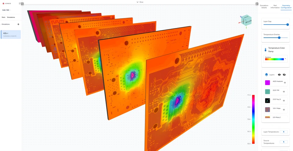 Vinci's thermal simulation of an open-source semiconductor chip. The company says its software combines proven physics methods with an AI model to deliver simulations up to 1,000 times faster than conventional tools. 