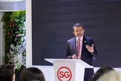 Singapore's Ambassador for Climate Action Ravi Menon giving the keynote address at the launch of the COP29 Singapore Pavilion in Baku, Azerbaijan, on Tuesday (Nov 12). 