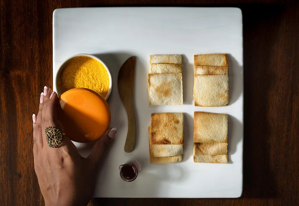 Crab liver pate is served like caviar.