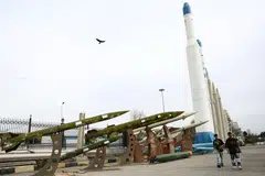 Iranian missiles are displayed in a park, amid the US-Israeli conflict with Iran, in Teheran, on Mar 26.