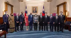 Taiwan President Tsai Ing-wen (centre) posing for a group photo next to US Senator Ed Markey (sixth from left) in Taipei, Taiwan, Aug 15, 2022. The US and Taiwan on Wednesday agreed to start trade talks under a new initiative.
