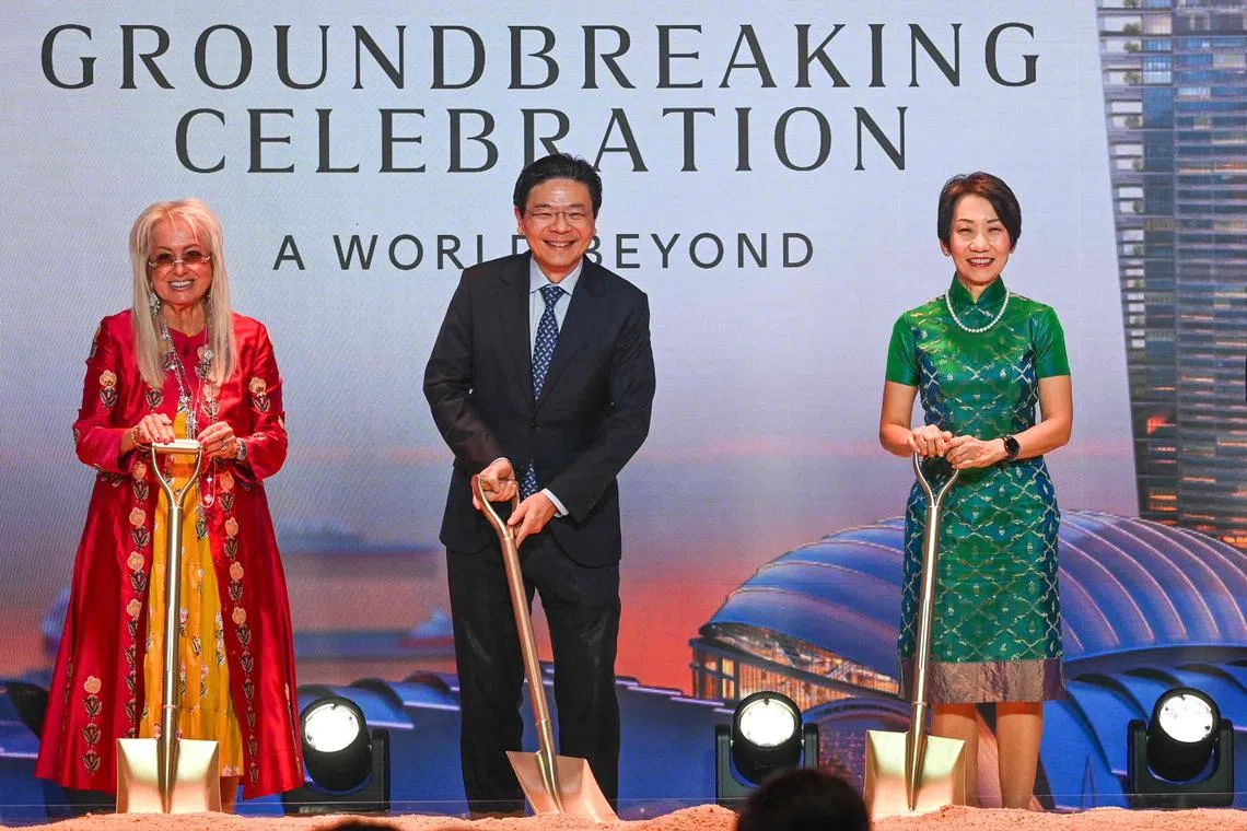 From left: Las Vegas Sands co-founder Miriam Adelson, Prime Minister Lawrence Wong and Minister-in-charge of Trade Relations Grace Fu at the MBS expansion groundbreaking ceremony on Jul 15.