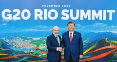 (From left) Brazil's President Luiz Inacio Lula da Silva shaking hands with China's President Xi Jinping at the G20 summit in Rio de Janeiro, Brazil, Nov 18, 2024. 