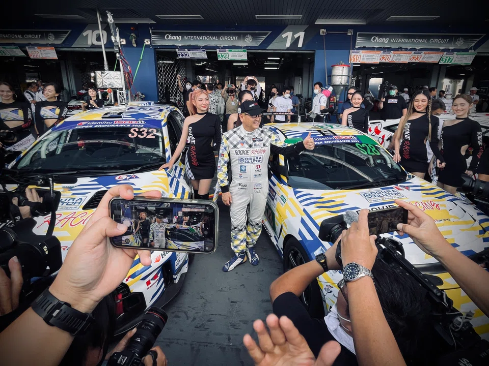 Morizo, the alter ego of Toyota president and chief executive Akio Toyoda, greets the crowd before the start of the Idemitsu 1500 at the Chang International Circuit in Buriram, Thailand.