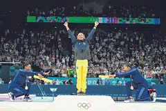 (From left) US' Simone Biles; Brazil's Rebeca Andrade; and US' Jordan Chiles pose during the podium ceremony for the artistic gymnastics women's floor exercise event of the Paris 2024 Olympic. 