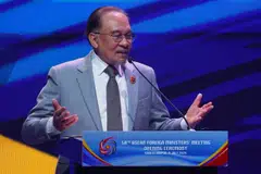 Malaysian Prime Minister Anwar Ibrahim speaks during the opening ceremony of the 58th Association of Southeast Asian Nations (Asean)  Foreign Ministers’ Meetings in Kuala Lumpur, Malaysia, July 9, 2025. 