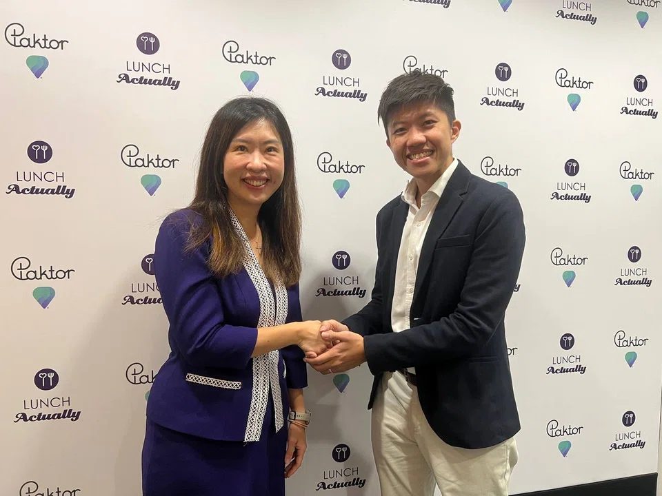 Violet Lim, co-founder and CEO of Lunch Actually, and Alex Tam, CEO of Paktor Group. The two dating agencies have merged to form Lunch Actually Paktor Group.