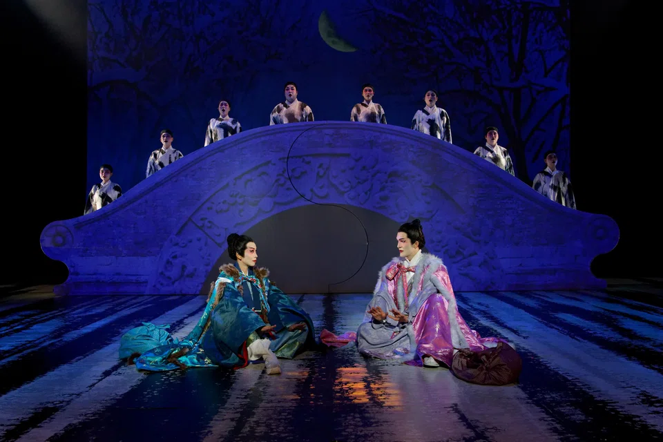 Cathy-Di Zhang (left) and Austin Haynes play lovers in the opera The Butterfly Lovers staged by Wild Rice and Melbourne-based Victorian Opera.