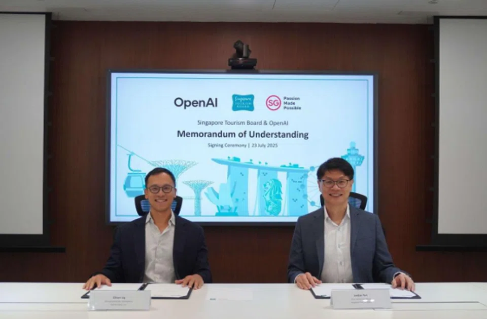 OpenAI managing director of international strategy Oliver Jay (left) and STB chief technology officer Jordan Tan at the signing of the MOU.