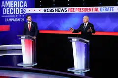 Republican vice-presidential candidate JD Vance (left) and Democratic candidate Tim Walz at the debate at the CBS Broadcast Center in New York, on Oct 1. 