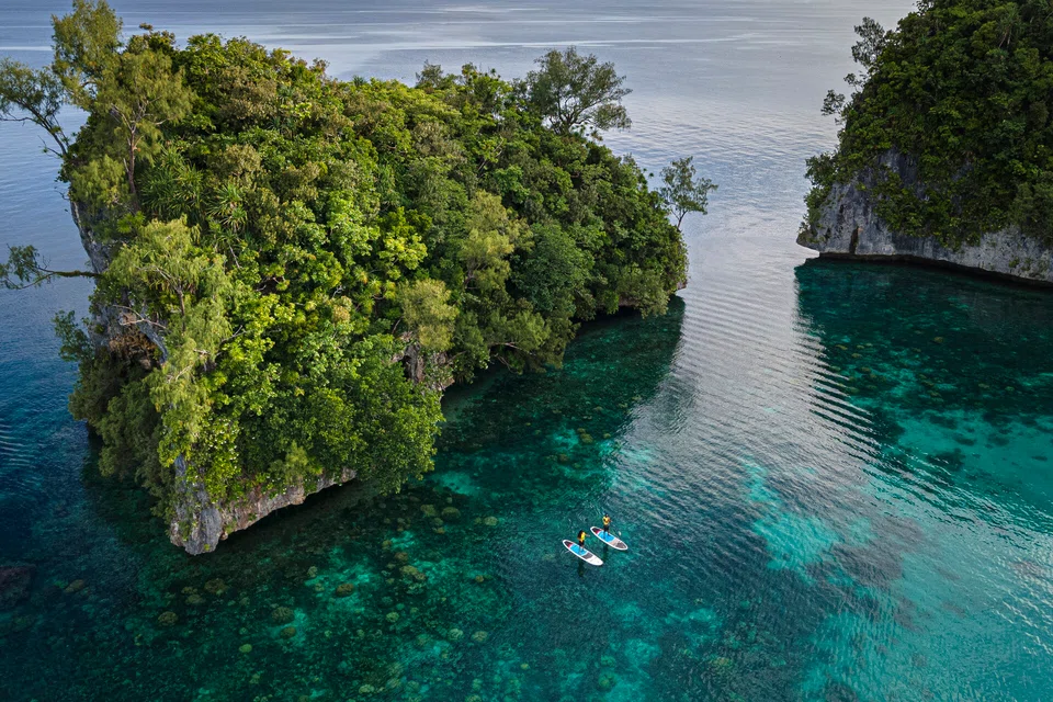 One of many remote islands of Palau accessible by the catamaran Four Seasons Explorer.