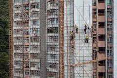 Bamboo scaffolding can be cut to fit irregular spaces, a useful characteristic in a densely populated city where buildings are inches away from each other.