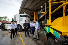 Transport Minister Chee Hong Tat (third from left) announced a 6.1% year-on-year jump in shipping containers handled by PSA Singapore from January to April this year, during a visit to PSA's Pasir Panjang Terminal.