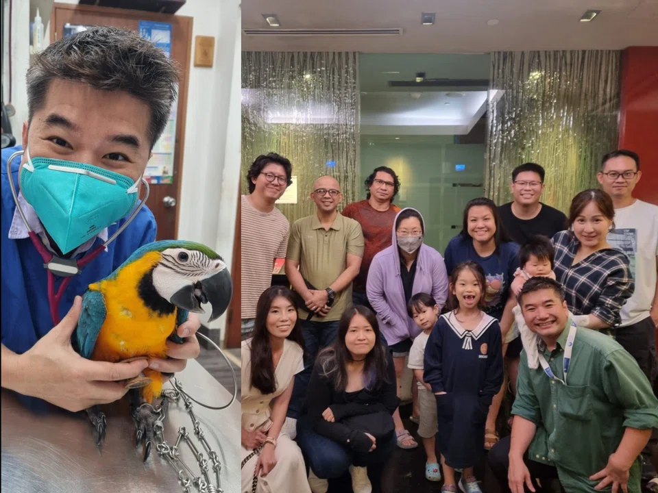 Dr Kenneth Tong with one of his avian patients; the staff of AAVC and some of their families.