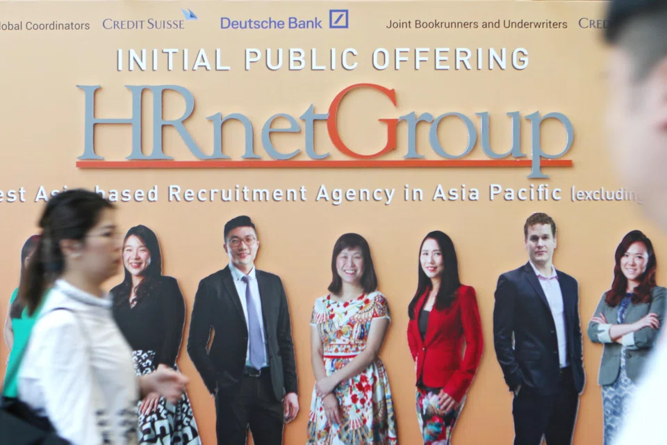 A poster publicising HRnetGroup's IPO in 2017. The company's revenue for H1 fell 2.1 per cent on a constant currency basis to S$285.9 million, from S$294.8 million the year before.