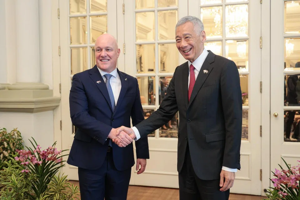 The expansion to Singapore and New Zealand's Enhanced Partnership, announced by (from left) Luxon and PM Lee, will focus on supply chains and connectivity.