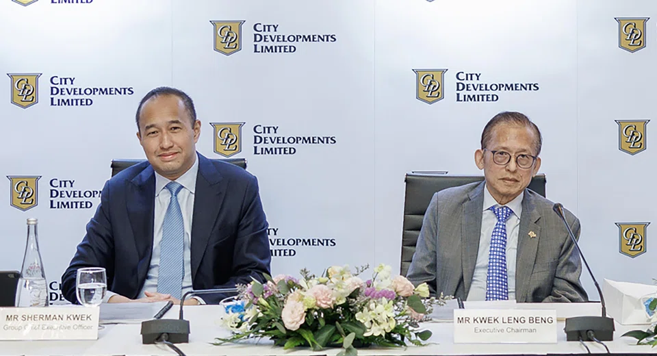 Sherman Kwek, group chief executive officer (left) and his father, executive chairman Kwek Leng Beng, at a CDL media briefing on Feb 28. “We have taken decisive steps to unlock value from mature and non-core assets while selectively redeploying capital to drive growth," says Sherman Kwek.
